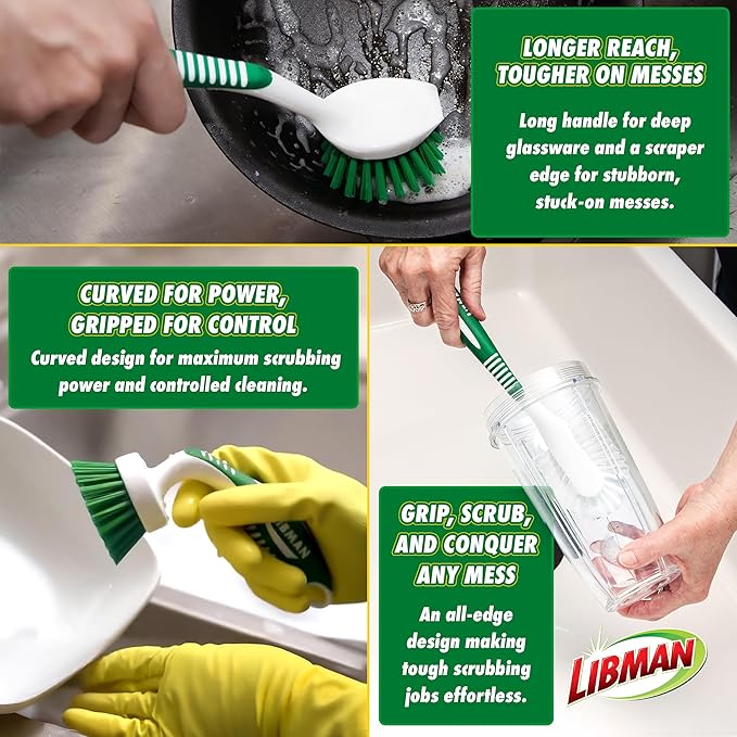 Libman Green & White Cleaning Brush Kit, 3-Piece Set, All-Purpose Brushes for Kitchen, Basins, Sinks, Dishwashers - Image 3
