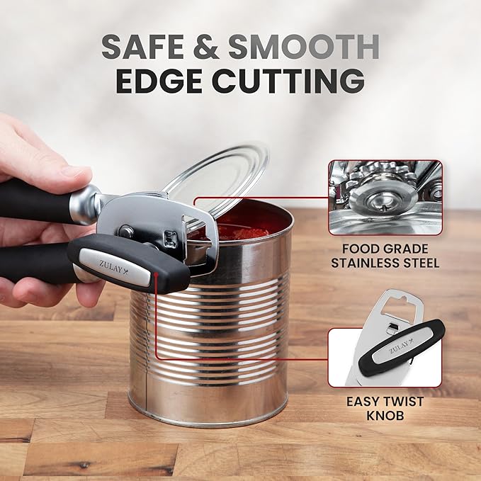 Zulay Kitchen Heavy Duty Stainless Steel Can Opener Manual with Bottle Opener - Rust Proof Manual Can Opener With Turn Knob & Comfy Soft Grip Handles - Black - Image 6