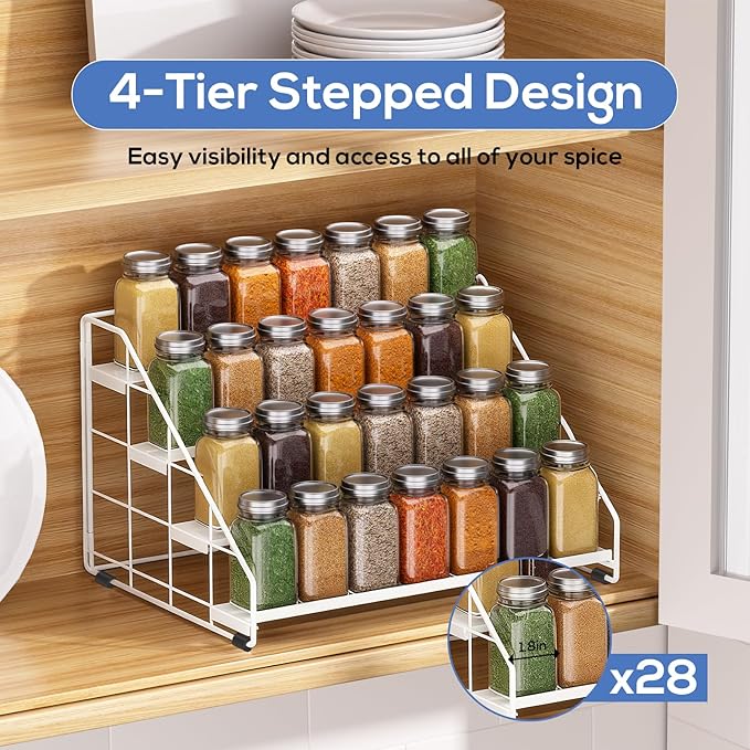 Spice Rack Organizer for Cabinet, 4 Tiered Spice Rack Organizer, Tiered Adjustable Spice Shelf for Kitchen (White-1Pcs) - Image 3