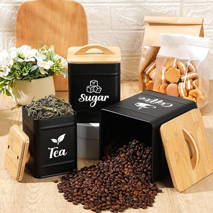 Maxdot 3 Set Coffee Sugar Tea Containers, Square Airtight Kitchen Canisters Storage Ground Organization with Bamboo Lids Rustic Metal Jars for Coffee Bar Beans, Tea Leaves, Food, Countertop(Black) - Image 4