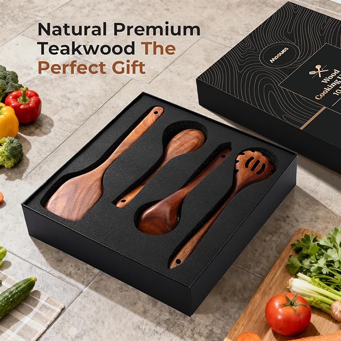 Wooden Spoons for Cooking, 10 PCS Teak Wood Cookware Utensil Set with Hooks - Smooth Finish, Non-Stick, Comfortable Grip, Heat Resistant Kitchen Utensils Gift Box - Image 2