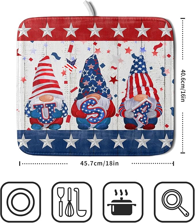 Giwawa 4th of July Gnomes Dish Drying Mat 16x18 inch Patriotic Elf Usa Stars Dish Drainer Mats Independece Day Small Microfiber Dish Drying Pad for Kitchen Countertop Holiday Decor