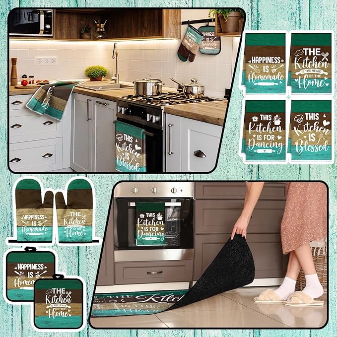 Fourluoo 10 Pcs Farmhouse Kitchen Decor and Accessories Set 4 Kitchen Towels 2 Pot Holders 2 Oven Mitts 2 Rugs for Cooking Baking Mom Housewarming Gifts(Green,Classic Style) - Image 6
