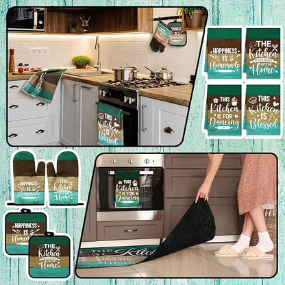 Fourluoo 10 Pcs Farmhouse Kitchen Decor and Accessories Set 4 Kitchen Towels 2 Pot Holders 2 Oven Mitts 2 Rugs for Cooking Baking Mom Housewarming Gifts(Green,Classic Style) - Image 6