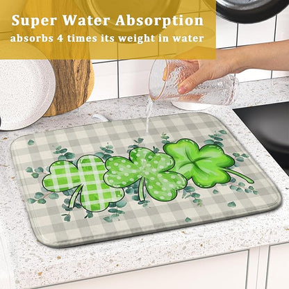 Giwawa Patrick Dish Drying Mat for Kitchen Green Clovers Grey Buffalo Plaids Dish Drainer Mats 16x18inch Spring Leaf Dish Drying Rack Pad Protector for Countertop Dining Holiday Decor