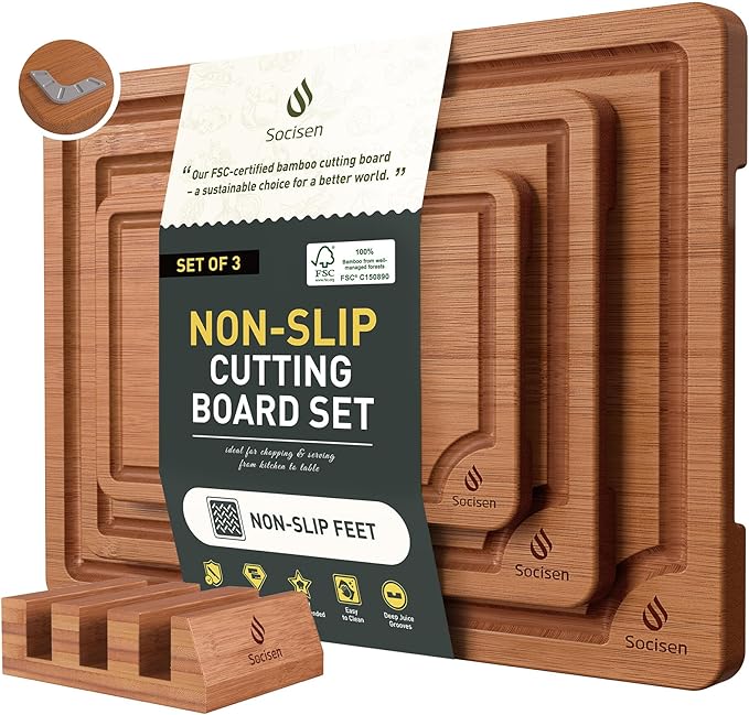 3 Packs Bamboo Cutting Board Set with Non Slip Feet Holder and Over Sink Nice Solid Thick Wood Juice Groove Chopping Board Extra Large Big Small Best Hardwood Kitchen Organic Vegetable Meat BBQ Kit by Socisen