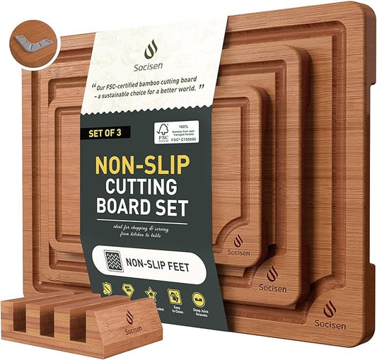 3 Packs Bamboo Cutting Board Set with Non Slip Feet Holder and Over Sink Nice Solid Thick Wood Juice Groove Chopping Board Extra Large Big Small Best Hardwood Kitchen Organic Vegetable Meat BBQ Kit by Socisen