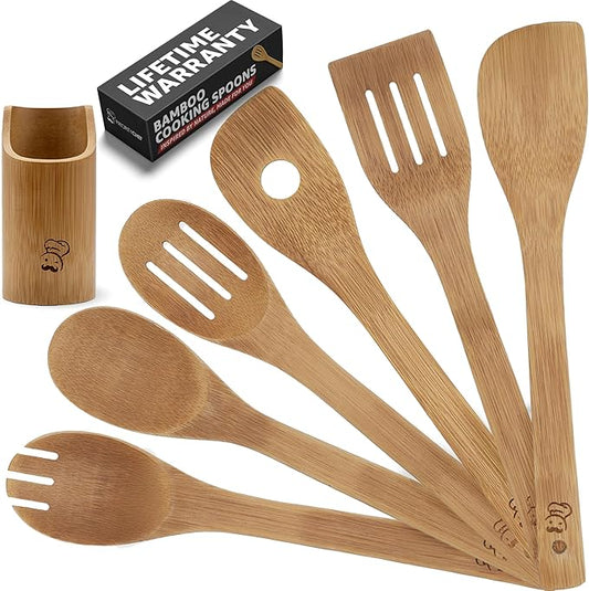 PriorityChef Wooden Spoons for Cooking, 6Pc with Utensil Holder, Non Scratch Bamboo Cooking Utensils, Non-Toxic Wooden Utensil Set, Easy to Clean Kitchen Utensils Set for All Cookware Types by PriorityChef