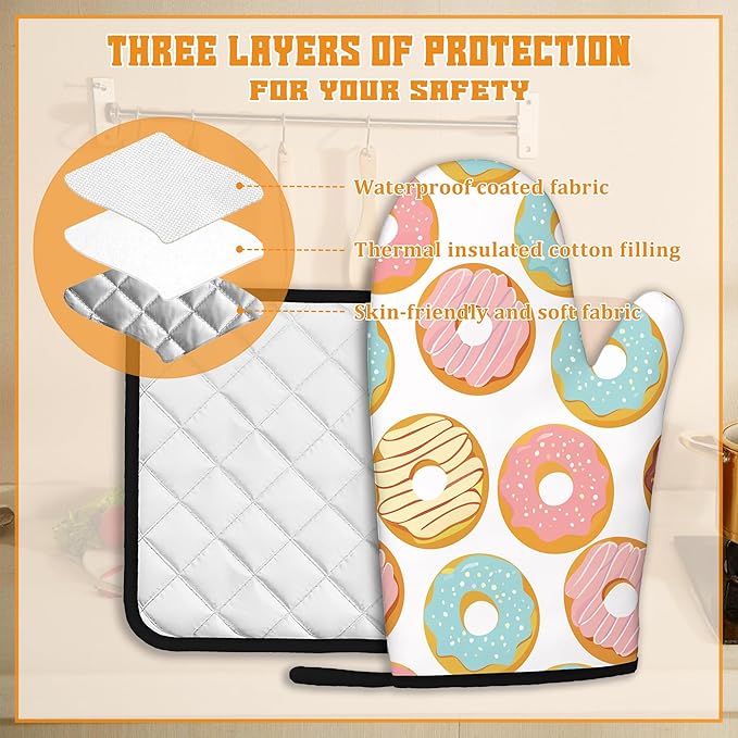 Pink Doughnut Oven Mitts and Pot Holders Set,Kitchen Oven Gloves and Pot Holder with Heat Resistant Non Slip for Cooking Baking Grilling(4 Piece Set)
