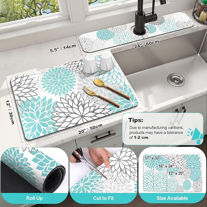 Findosom 2PCS 12" x 20" Dish Drying Mat & 24" x 5.5" Sink Splash Guard, Super Absorbent & Cuttable Dish Mat Drying Kitchen Mat with Teal Floral, Hide Stain Drying Mat for Kitchen Counter - Image 2