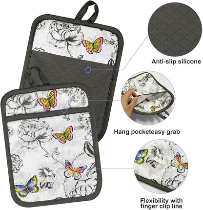 Alselo Oven Mitts and Pot Holders with Chaf Apron,Set of 5 Heat Resistant Kitchen Gloves and Silicone Non-Slip Potholders Adjustable Neck Buckle Apron, Cotton Nice Design for Cooking (Butterfly)