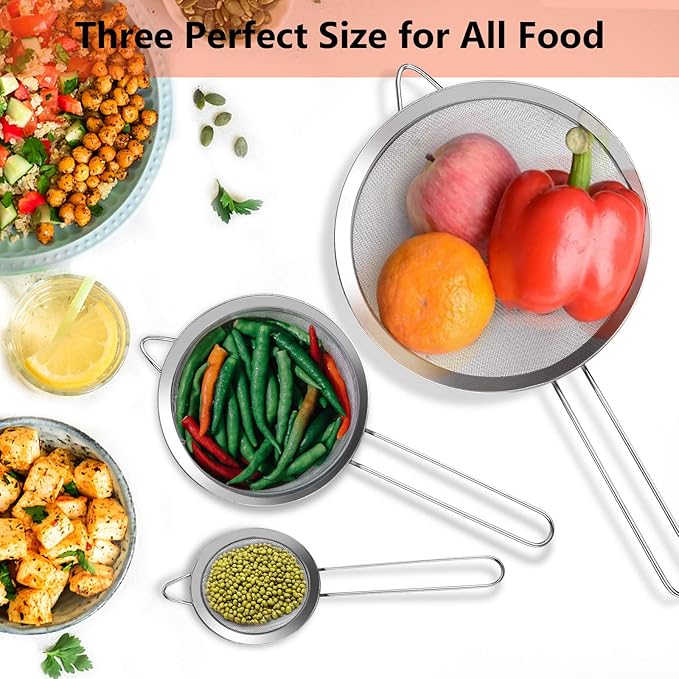 3Pcs Super Wire Extra Fine Mesh Strainer with Handle, Small Medium Large Size Sifter Metal Strainer Set, Stainless Steel Sieve Fine Mesh Strainers for Kitchen Rice Juice Quinoa Food Flour Baking YLYL - Image 5