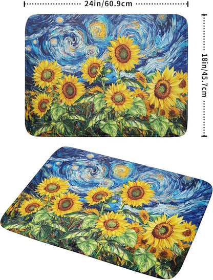Sunflower Dish Drying Mat for Kitchen Counter 24x18 Inch Starry Night Drying Mat with Absorbent Reversible Microfiber Farmhouse Floral Dish Drainer Mats Rack Pad for Coffee Countertop Protector