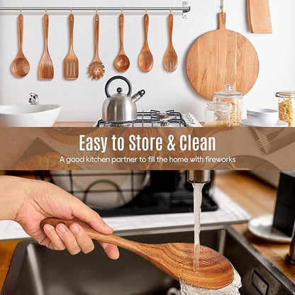 7 PCS Wooden Spoons for Cooking Natural Teak Kitchen Utensils Smooth Non-Stick Surface Cooking Utensils Set Soft Comfort-Grip Wooden Utensils for Cooking - Image 4