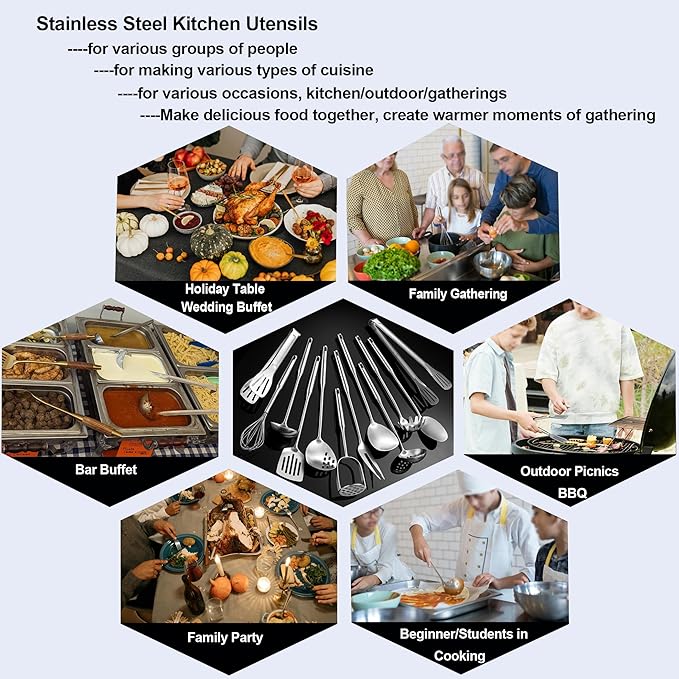 Stainless Steel Kitchen Utensils 12 Pcs, Small Cooking Utensils Set,Spatulas,Ladle,Skimmer,Tunners,Serving Spoon,Spaghetti Spoon,Fork,Potato Masher,Egg Whisk,Tongs,Dishwasher Safe - Image 4