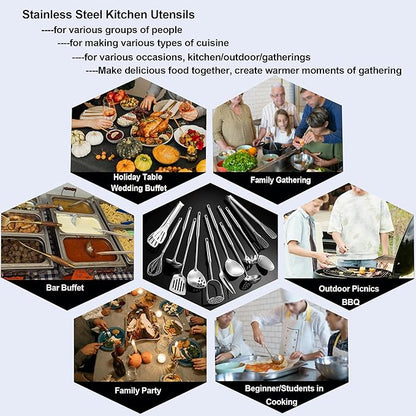 Stainless Steel Kitchen Utensils 12 Pcs, Small Cooking Utensils Set,Spatulas,Ladle,Skimmer,Tunners,Serving Spoon,Spaghetti Spoon,Fork,Potato Masher,Egg Whisk,Tongs,Dishwasher Safe - Image 4
