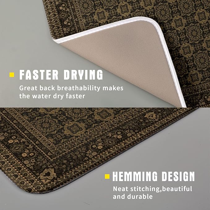 Brown Antique Tabriz Rug Dish Drying Mat for Kitchen Counter,Retro Turkish Vintage Floral Block Print Drying Mat 16 x 18 Inch with Absorbent Reversible Microfiber Drying Pad for Coffee Bar - Image 3