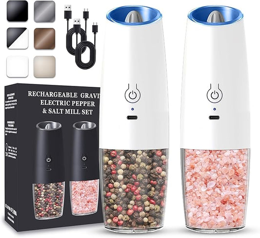 UNNEES Rechargeable Electric Salt and Pepper Grinder set of 2, gravity electric salt and pepper grinder set, Adjustable Roughness, LED Light, 2 Pack, (White) by UNNEES