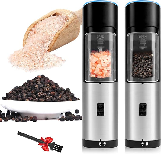 Gravity Electric Pepper and Salt Grinder Set of 2 Pack, One Hand Automatic Shakers Mill, Adjustable Coarseness, Battery Powered with LED Light, Brushed Stainless Steel Perfect for Kitchen by SimpleDeluxe