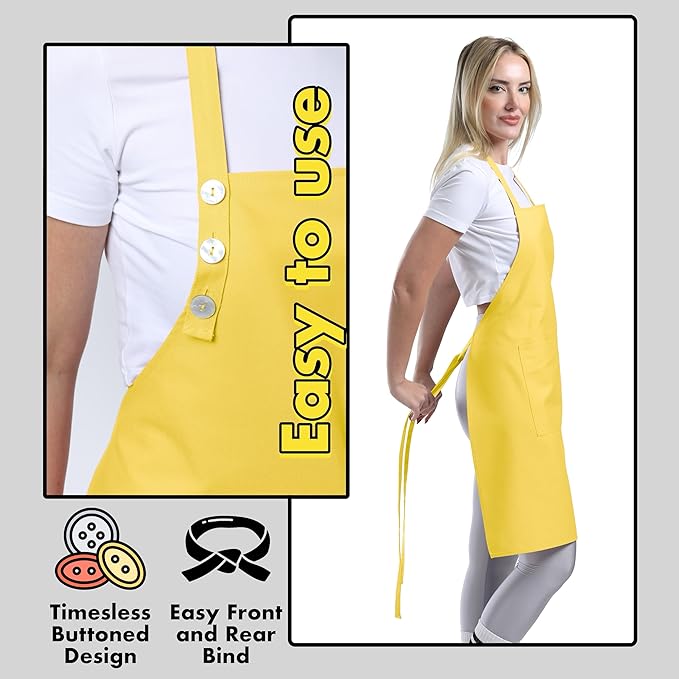 TOSHE Kitchen Apron Waterdrop Resistant Cotton Apron with adjustable Aprons for Women with Pockets 10 Color option Cooking Yellow Apron (Yellow) - Image 6