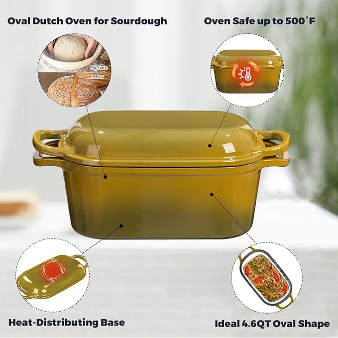 4.6 Quart Dutch Oven for Bread Baking, Combo Oval Enameled Cast Iron Bread Pan with Lid, Sourdough Bread Dutch Oven for a Crispy Crust, Olive - Image 5