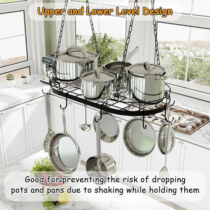 24.4” Metal Pot Rack Hanging, Oval Pan Rack Hanging with Hooks, Heavy Duty Ceiling Pot Rack with Grid, Pot and Pan Hangers for Kitchen Cookware Utensils Toiletries, Easy Assembly, Black