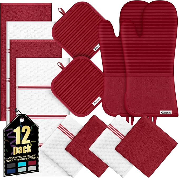 Oven Mitts Kitchen Towels and Dishcloths with Pot Holders Sets, Oven Gloves Hot Pads 500°F Heat Resistant with Silicone Grip, Include 2 Cooking Gloves/2 Potholders/4 Kitchen Towels/4 Dish Towels-Red by KacNacPro