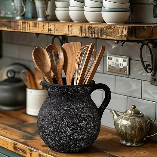 Potchen Rustic Kitchen Utensil Holder with Handle,7.48" H Ceramic Vintage Utensil Crock for Countertop, Farmhouse Kitchen Decoration Ceramic Pot for Spatulas Spoons Tongs(Classic,Antique Black Gold) - Image 5