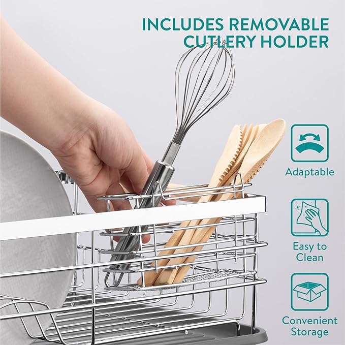 Navaris Dish Rack - Compact Drying Kitchen Board with Drip Tray & Cutlery Holder - Easy to Assemble and Clean Dishes - Sink Drainer Rack - Silver with Wooden Handles - Image 3