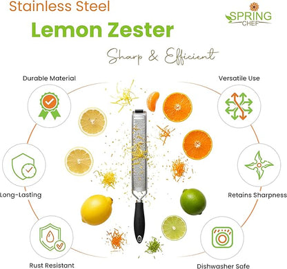 Spring Chef Stainless Steel Lemon Zester Grater with Handle - Garlic, Cheese, Parmesan, Nutmeg, Lime, Ginger Grater - Heavy Duty Kitchen Tool - Citrus Zester with Blade Cover - Fine Shred - Black