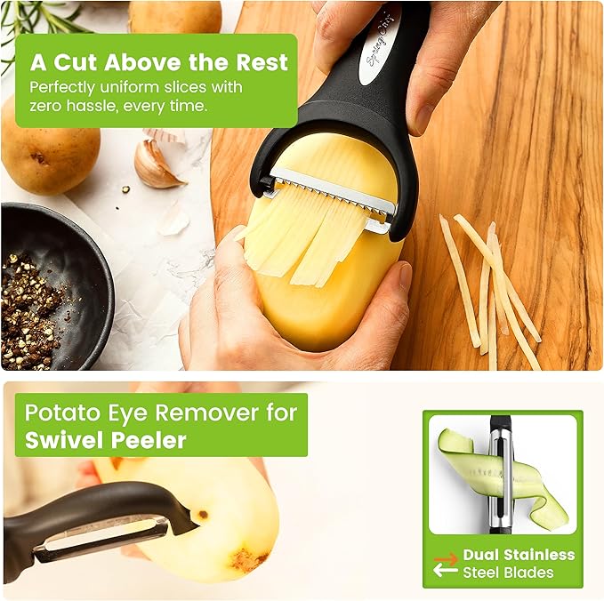 Spring Chef Swivel & Vegetable Julienne Peeler Set for Kitchen with Stainless Steel Sharp Blades - Potato Peelers with Soft Grip Handles & Blade Covers - Perfect for Carrot, Zucchini, Cucumber - Black - Image 4