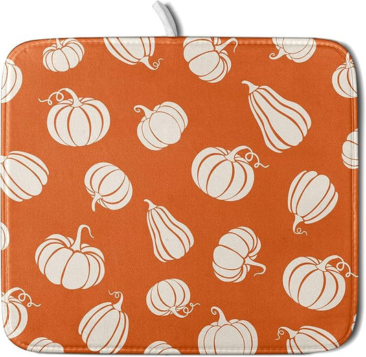 Fall Dish Drying Mat for Kitchen Counter Autumn White Pumpkins Festival Microfiber Absorbent Dish Draining Reusable Washable Foldable 16"x18" by Unknown