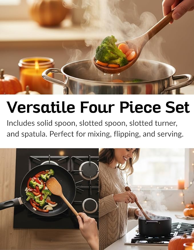 Acacia Wood Cooking Utensil Set with Skull Handles – 4-Piece FSC Certified Acacia Wood Kitchen Tools, Eco-Friendly Nonstick Safe Cooking Utensils (Spatula, Spoon, Slotted Turner, Slotted Spoon) - Image 6