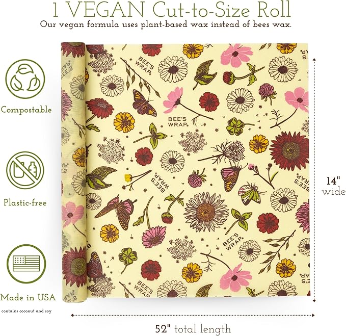 Bee's Wrap Vegan Beeswax Wraps for Food - Cut to Size 14x52" Beeswax Wrap Roll - Plastic Free Made in USA Reusable Natural Food Wrap - Meadow Magic - Image 2