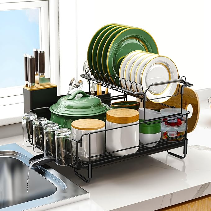 Runnatal 2-Tier Dish Drying Rack with Drainboard Set, Stainless Steel Detachable 2-in-1 Large-Capacity 2-Tier Over The Sink Anti-Rust Dish Rack and Dish Drainer for All Kitchen by Runnatal
