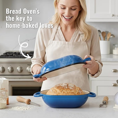 2 QT Oval Dutch Oven for Bread Baking, Enamelled Cast Iron Bread Oven for Sourdough, Sourdough Loaf Pan with Lid, Heavy-Duty Non Stick Bread Pan for Homemade Bread Baking, Blue