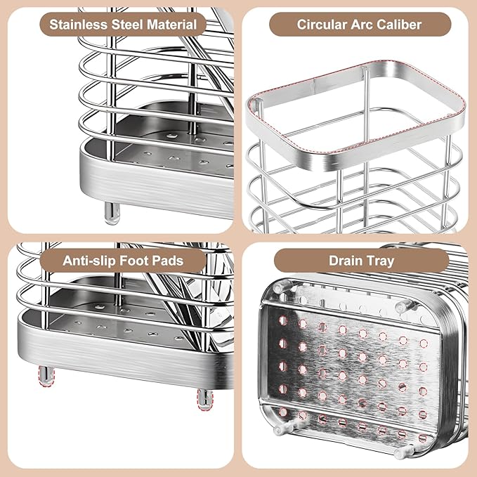 Utensil Holder, Stainless Steel Utensil Drying Rack for Kitchen Counter, Silverware Cutlery Flatware Holder Forks, Knives, Spoons, Chopsticks Organizer (Silver) - Image 3