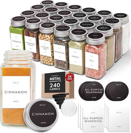 Glass Spice Jars with Labels with Metal Lids and Shakers Minimalist 24 Pack Set, 4oz Small Clear Empty Spice Bottles Seasoning Containers with Label Organizer Square Herb Seasoning Jars for Kitchen by Finessy