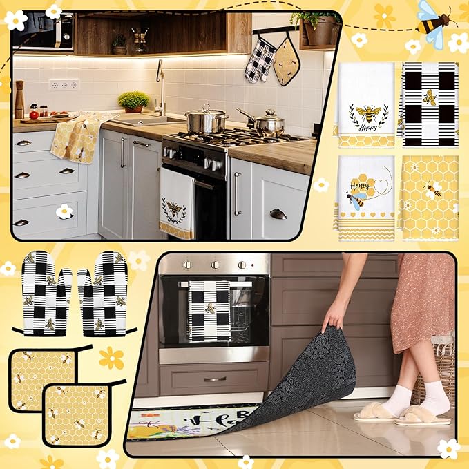 Fourluoo 10 Pcs Bee Kitchen Decor Set Honey Bee Dish Towels Rugs Oven Mitts and Pot Holders Set Farmhouse Kitchen Decor for Women Mom Gift Cooking Baking Grilling