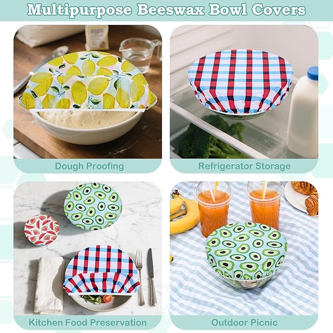 5-Size Reusable Beeswax Bowl Covers for Bread Proofing, Cotton Cloth Flexible Beeswax Wraps for Food Storage(Fruit Grid) - Image 5