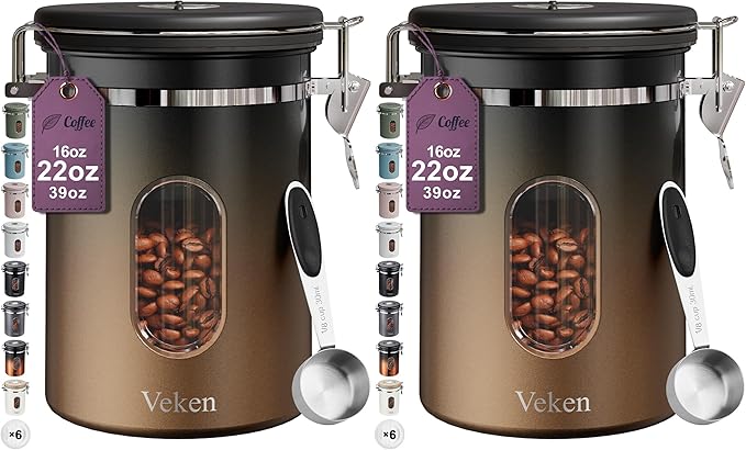 Veken Coffee Canister with Window,Airtight Stainless Steel Kitchen Food Storage Container, Date Tracker & Scoop for Grounds Coffee, Beans, Tea,Flour,Cereal,Sugar,22OZ,Copper (Pack of 2) by Veken