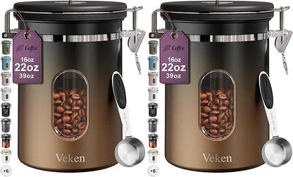 Veken Coffee Canister with Window,Airtight Stainless Steel Kitchen Food Storage Container, Date Tracker & Scoop for Grounds Coffee, Beans, Tea,Flour,Cereal,Sugar,22OZ,Copper (Pack of 2) by Veken