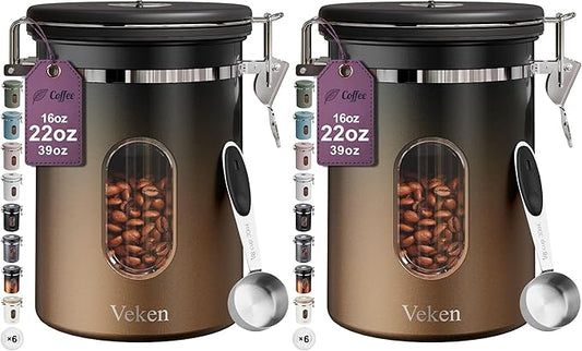 Veken Coffee Canister with Window,Airtight Stainless Steel Kitchen Food Storage Container, Date Tracker & Scoop for Grounds Coffee, Beans, Tea,Flour,Cereal,Sugar,22OZ,Copper (Pack of 2) by Veken