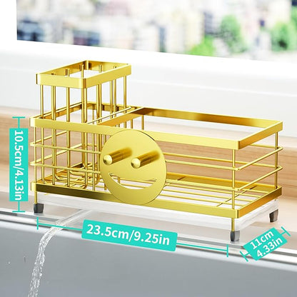 HapiRm Sink Caddy Sponge Holder - Self-draining Kitchen Sink Organizer with Smiley Face and Brush Holder, Stainless Steel Kitchen Organizer for Countertop - Gold - Image 5