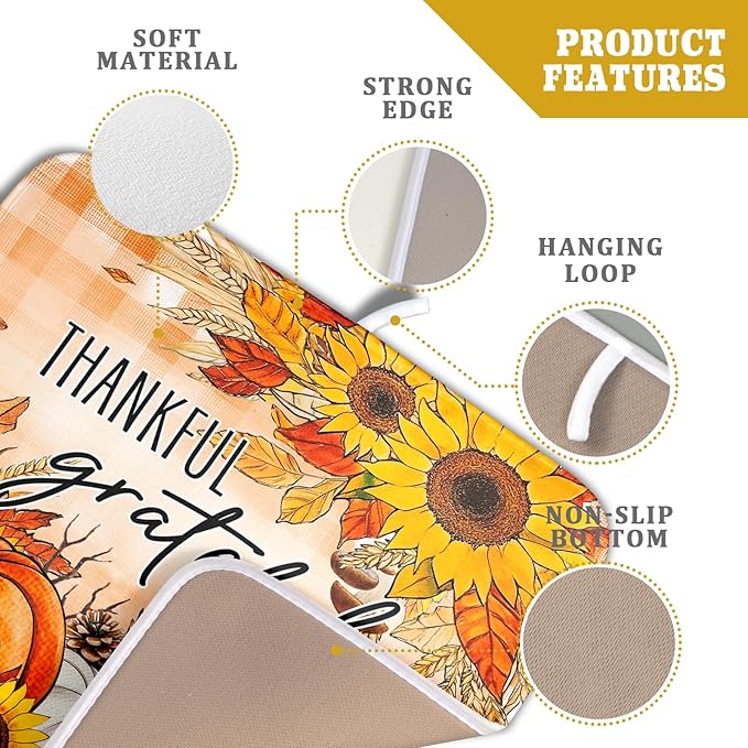 Giwawa Autumn Pumpkins Dish Drying Mat for Kitchen Countertop, Fall Sunflowers Thankful Grateful Blessed Dish Drainer Mats 16x18in, Thanksgiving Harvest Decorative Reversible Dish Drying Pad