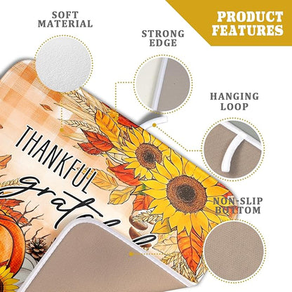 Giwawa Autumn Pumpkins Dish Drying Mat for Kitchen Countertop, Fall Sunflowers Thankful Grateful Blessed Dish Drainer Mats 16x18in, Thanksgiving Harvest Decorative Reversible Dish Drying Pad