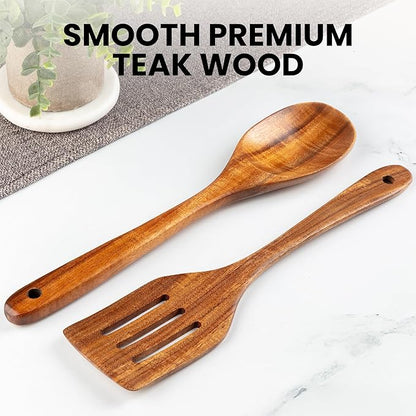 Zulay Kitchen Teak Wood Utensil Set – 2 Piece Large Wooden Cooking Spoon and Slotted Turner, Handcrafted Natural Teak Wood Kitchen Utensils, Durable, Nonstick Safe & Smooth Finish