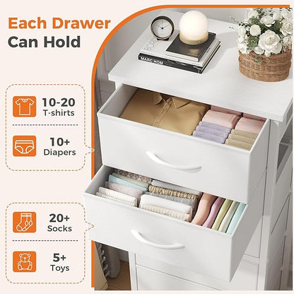 Sweetcrispy Tall Fabric Dresser for Bedroom, 6 Drawer Skinny Chest of Drawers, Narrow Storage Tower with Wood Top and Metal Frame, Vertical Nightstand for Closet, Bedroom Organization Furniture, White