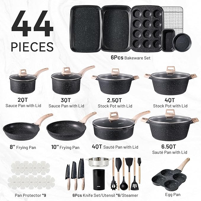 CAROTE 44pcs Pots and Pan Set Nonstick, Cookware Sets, Cooking Set Non Stick, Induction Cook Ware with Bakeware Set, Kitchen Knife Set - Image 2