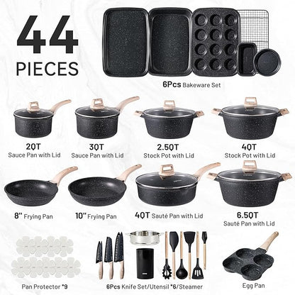 CAROTE 44pcs Pots and Pan Set Nonstick, Cookware Sets, Cooking Set Non Stick, Induction Cook Ware with Bakeware Set, Kitchen Knife Set - Image 2